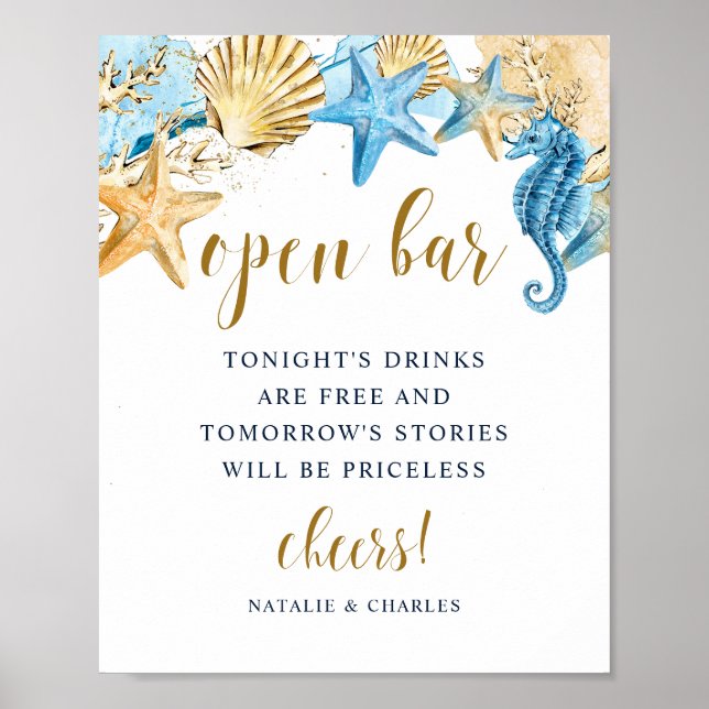 Poster Panneau Open Bar Sous le Mariage Sea Blue Gold (Devant)