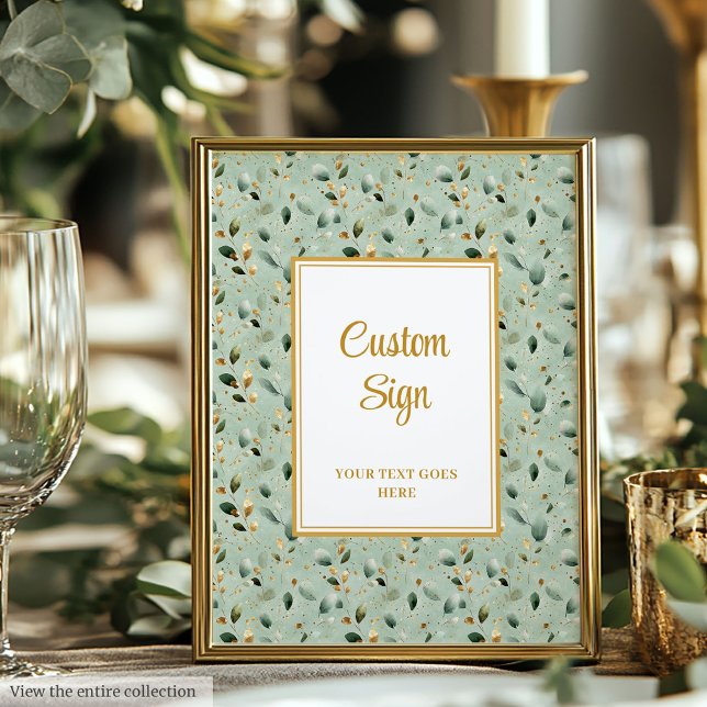 Poster Panneau personnalisé Mariage de feuillage doré mod (Modern Sage Green Gold Foliage Wedding Custom Poster)