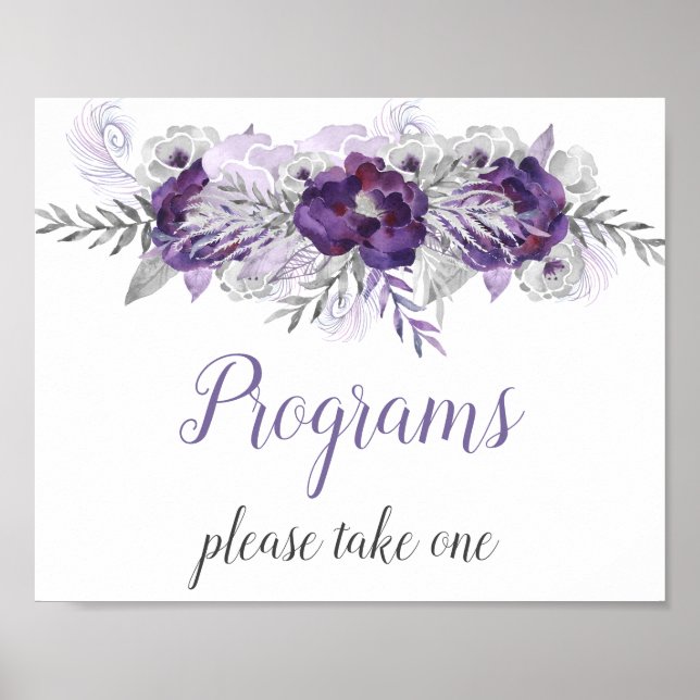 Poster Panneau Programmes de mariage floral gris argenté  (Devant)
