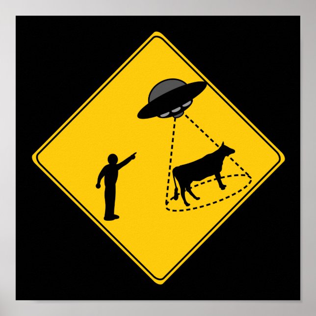 Poster Panneau routier - Vache et ovnis (Devant)