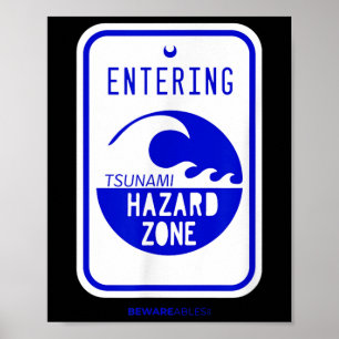 Poster Panneau routier Zone de danger de tsunami Plage et