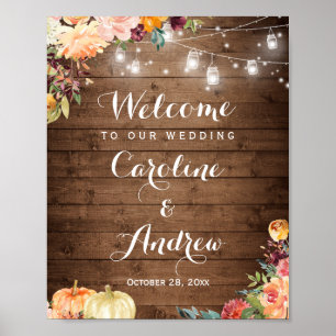 Poster Panneau Rustique Automne Floral Mason Jar Lumières