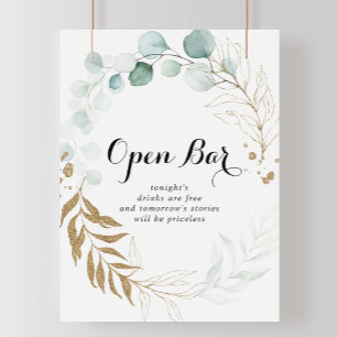 Poster Panneau Rustique Mariage Eucalyptus Gold Open Bar