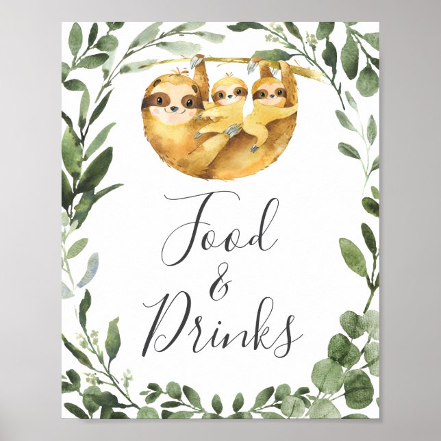 Poster Panneau Twins Sloth Baby shower nourriture et bois (Devant)