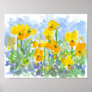Poster Pansies Jaunes Aquarelle Fleurs de Printemps Peint