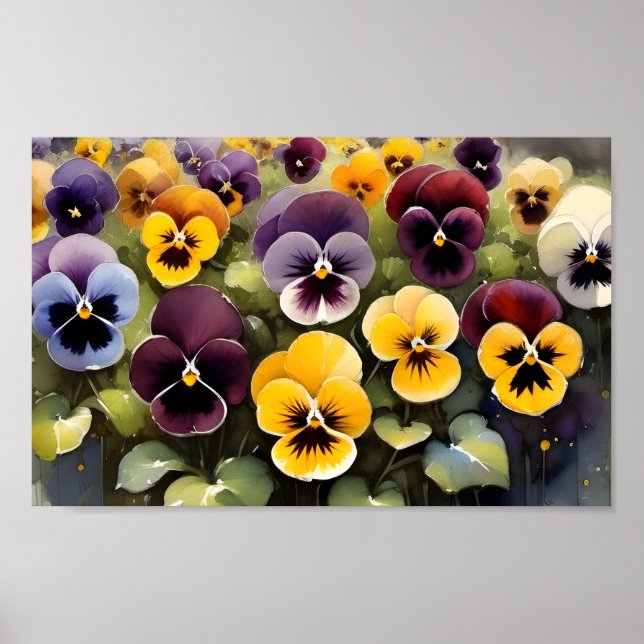 Poster Pansies jaunes et violets aquarelle (Devant)