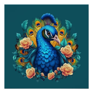 Poster Paon avec roses pêche
