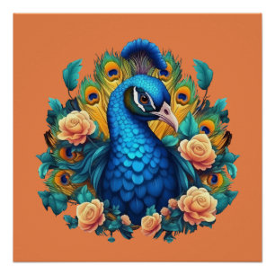 Poster Paon avec roses pêche