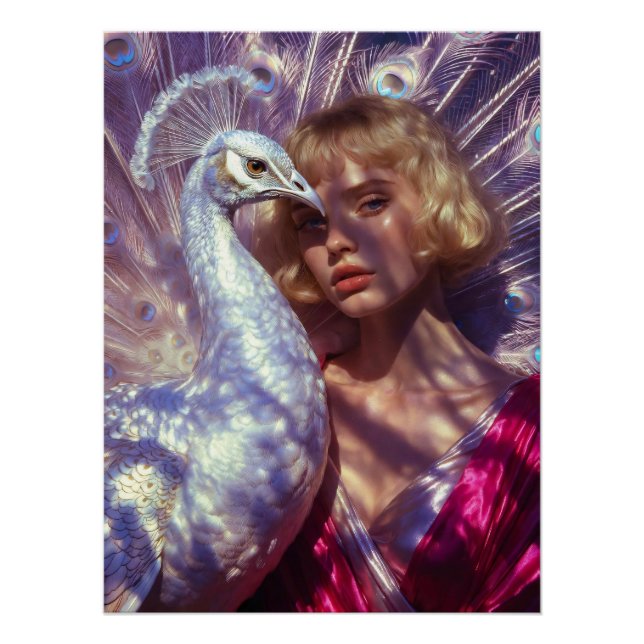 Poster Paon blanc et beauté dans une élégance rose (Devant)