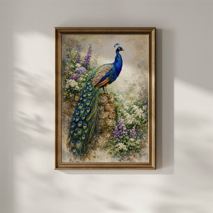 Poster Paon dans un jardin fleuri