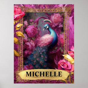 Poster Paon et roses fuchsia romantiques fantaisie