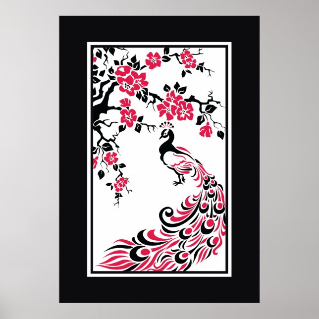 Poster Paon noir, rouge, blanc et fleurs de cerisier (Devant)