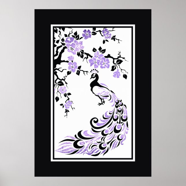 Poster Paon noir, violet et fleurs de cerisiers (Devant)