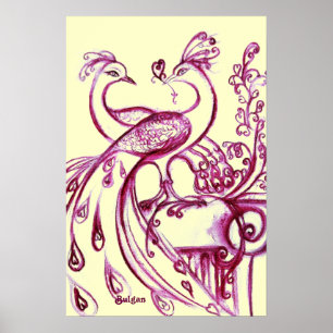 Poster PAONS AMOUREUX, Rouge et Crème