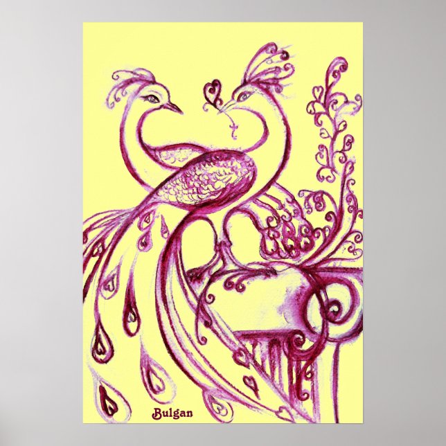 Poster PAONS AMOUREUX, Rouge Violet et Jaune (Devant)