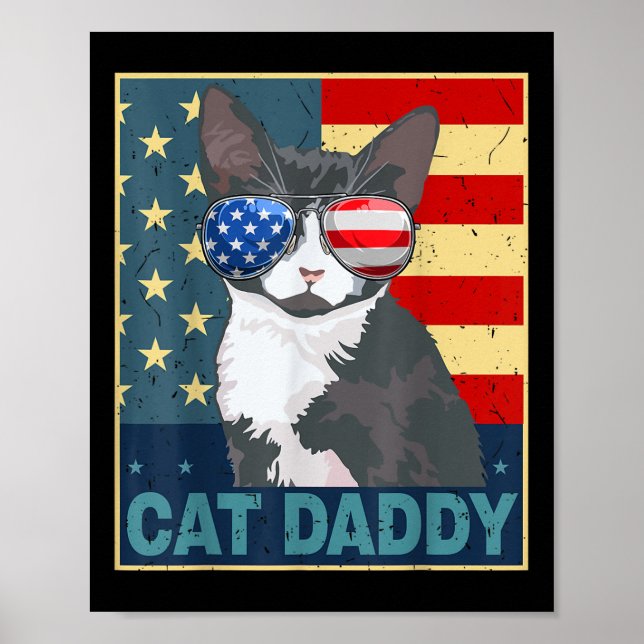 Poster Papa Chat Drapeau Américain 4 juillet Fête des Pèr (Devant)