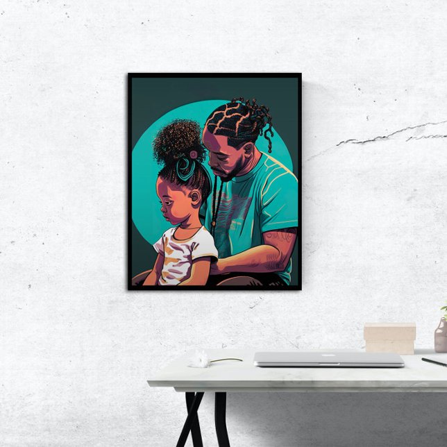 Poster Papa noir et fille avec tresses Mur Art (Wall Art Mock Up)
