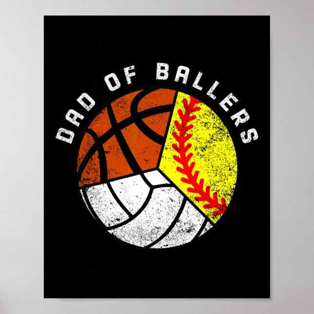 Poster Papa Of Ballers Fun Softball Volleyball Basketball (Devant)