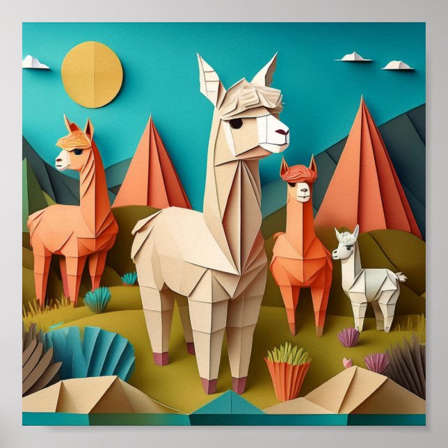 Poster Papier Art Origami Alpacas Scène 3D (Devant)