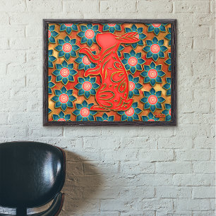 Poster Papier Coupe Rabbit Bleu Rouge Or Chinois Nouvel A