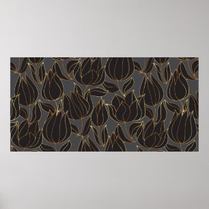 Poster Papier de luxe noir et or tulipe floral sans soudu