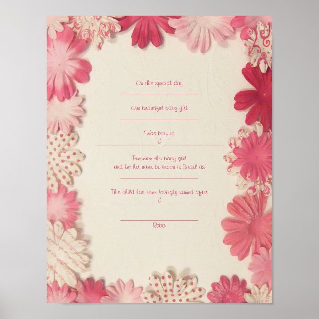 Poster Papier Fleurs Juif Baby Naming certificat de naiss (Devant)