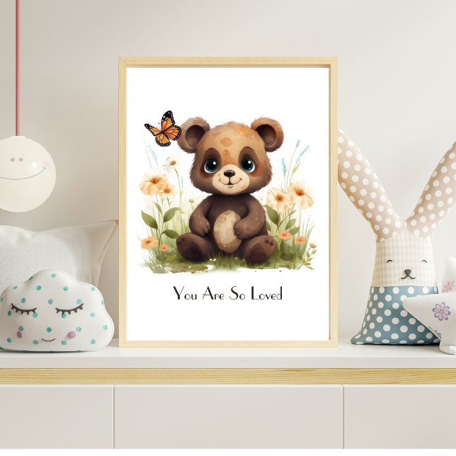 Poster Papier peint aquarelle personnalisé pour la chambr (Personalized Baby Bear with Butterflies and Flowers Nursery Wall Art Poster)