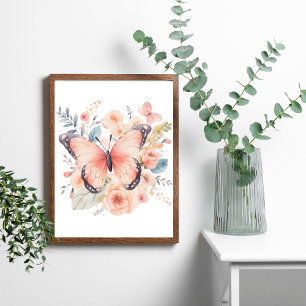 Poster Papier Peint Fleurs Papillon Rose Aquarelle