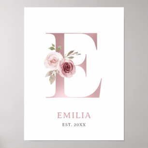 Poster Papier peint floral à motif monogramme Lettre E po