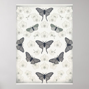 Poster Papier peint motif orchidée ivoire papillon de nui