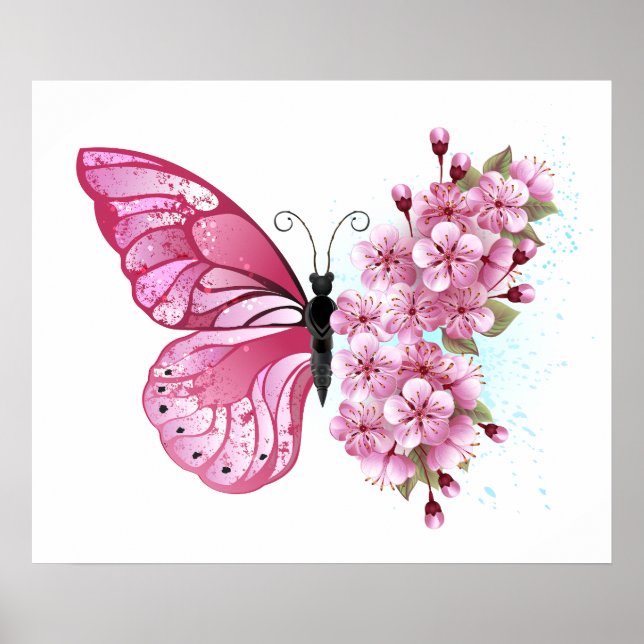 Poster Papillon à fleurs avec Sakura rose (Devant)