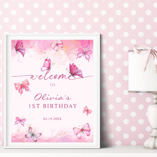 Poster Papillon Anniversaire Rose & Or Poussière Bienvenu (Créateur téléchargé)