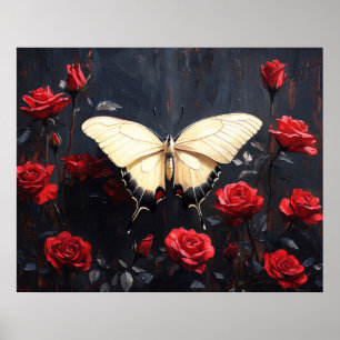 Poster Papillon au repos parmi des roses rouges vibrantes