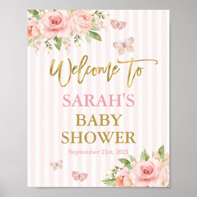 Poster Papillon Baby shower fille signe de bienvenue (Devant)