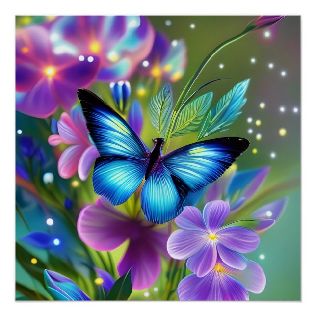Poster Papillon bleu brillant dans Fairy Garden (Devant)