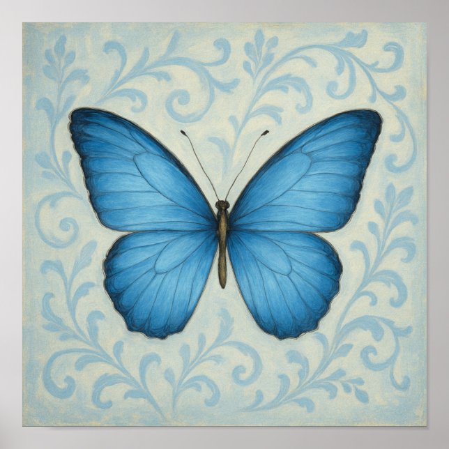 Poster Papillon bleu et Carré de manuscrits victoriens (Devant)