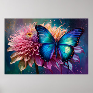 Poster Papillon bleu et Dahlia