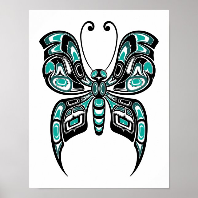 Poster Papillon bleu et noir Haida Spirit sur blanc (Devant)