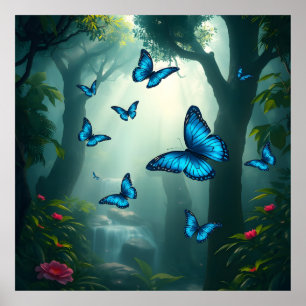 Poster Papillon bleu morpho dans la forêt tropicale
