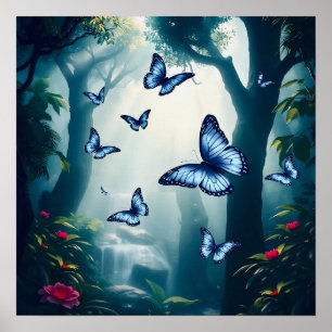 Poster Papillon bleu morpho dans la forêt tropicale
