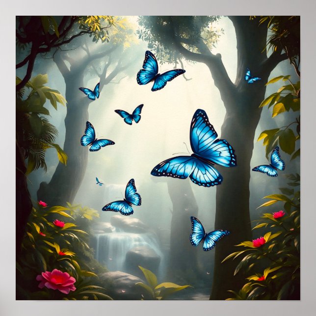 Poster Papillon bleu morpho dans la forêt tropicale (Devant)
