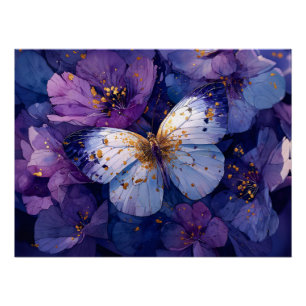 Poster Papillon Bleu sur Fleurs Violettes