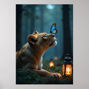 Poster Papillon bleu sur le nez de lion dans la forêt mys