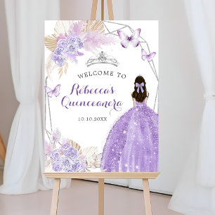Poster Papillon Boho en argent violet Quinceañera Bienven