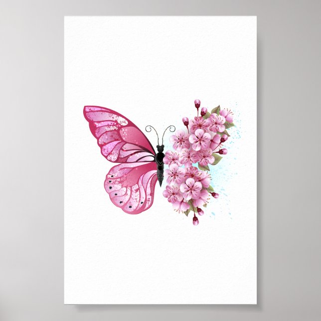 Poster Papillon de Fleur avec Sakura Rose (Devant)