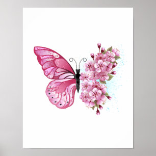 Poster Papillon de Fleur avec Sakura Rose