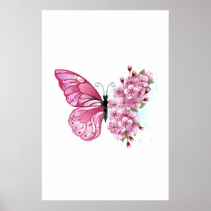 Poster Papillon de fleurs avec Sakura rose