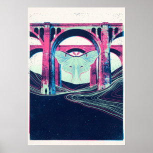 Poster Papillon de lune sous viaduc rose surréaliste Art