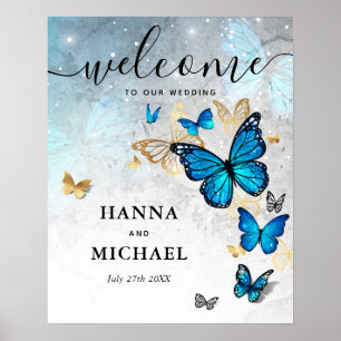 Poster Papillon de mariage de bienvenue or et bleu