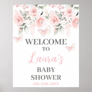 Poster Papillon et Baby shower floral rose Panneau de bie
